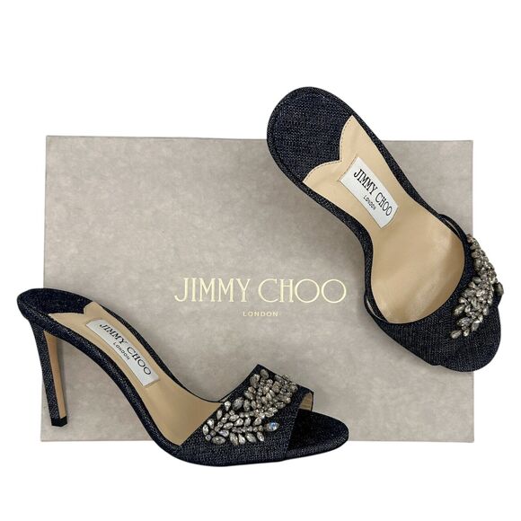 Jimmy Choo Stacey 85 Crystal Embellished Mules in Indigo Denim Size 37.5 - Picture 1 of 11